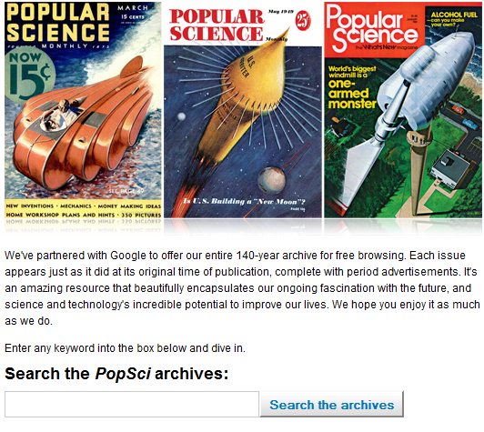 A screenshot from the Popular Science Archives page