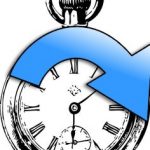 A pocket watch with a giant blue arrow going around the watch, starting from 10 o'clock and ending a little past 3 o'clock