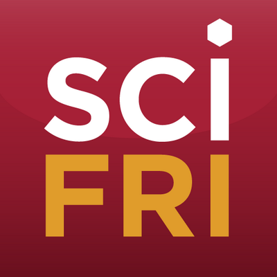 Logo for Science Friday: the letters “sci” in white, and the letters “FRI” in gold, against a dark red background..
