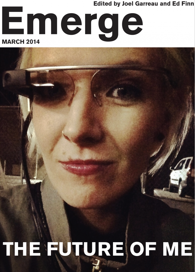 Cover of Emerge 2014 Ethics Report. A blond woman in VR glasses smirking at the camera. Under her face is the title - The Future of Me.