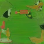 Watercolor painting, with a green background. Daffy Duck is shown pointing a ray gun at Marvin the Martian.