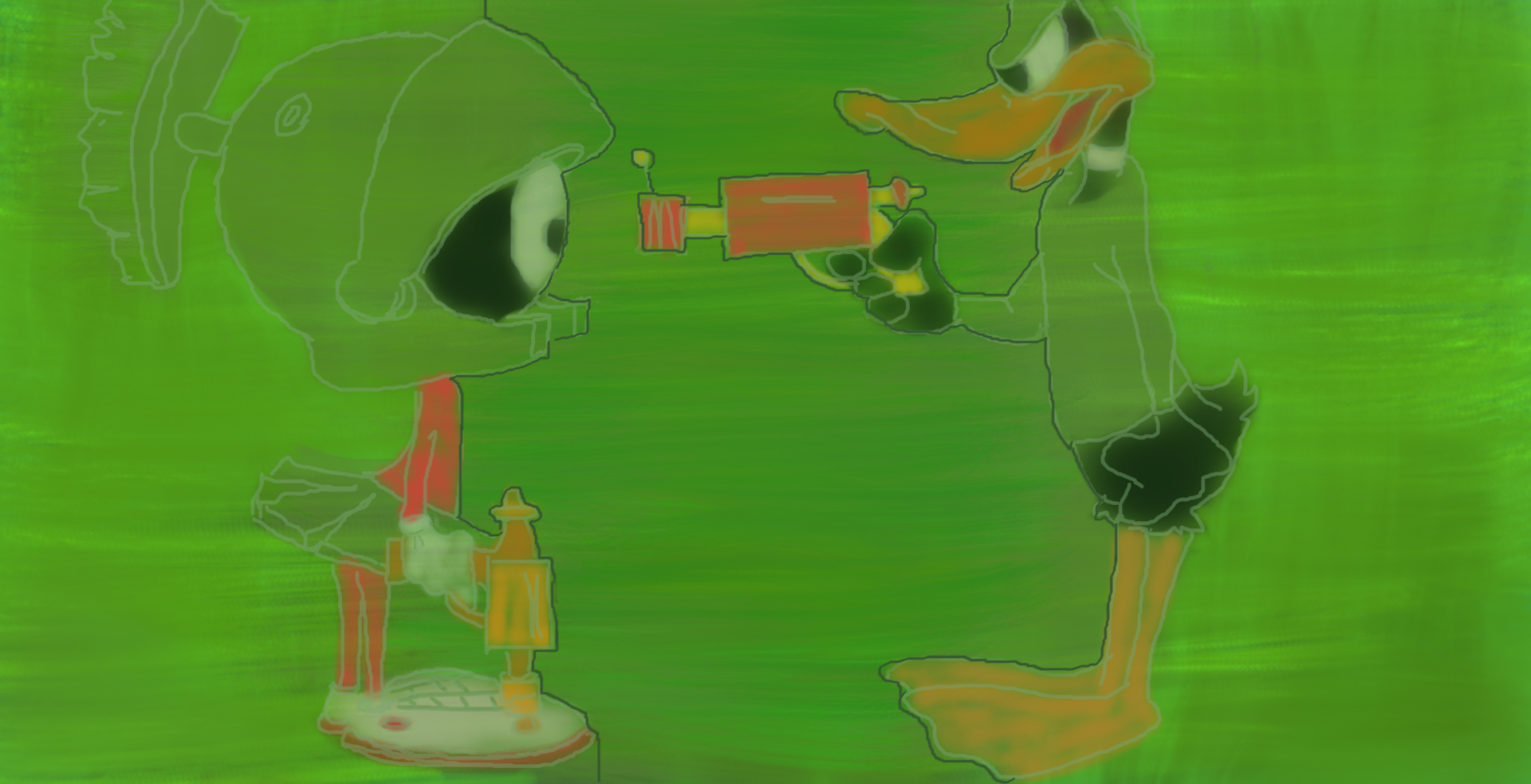 Watercolor painting, with a green background. Daffy Duck is shown pointing a ray gun at Marvin the Martian.