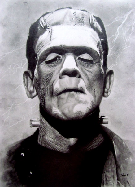 Promotional photo from Universal’s 1931 film Frankenstein: the actor Boris Karloff as Frankenstein’s Monster, in black and white, with wrinkled and wrecked skin, visible stitches and scars, and bolts in his neck, grimacing under heavy-lidded eyes.