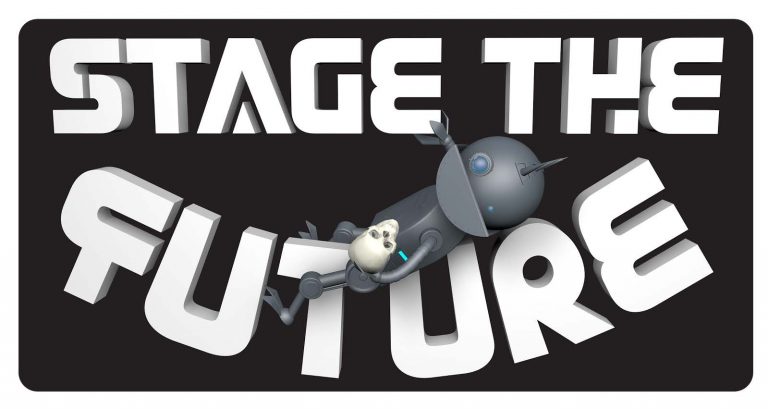 A black background with the words “Stage The Future,” in 3D font. A cute, children’s book-esque depiction of a silver robot holding a skull is reclining atop the word “Future.”