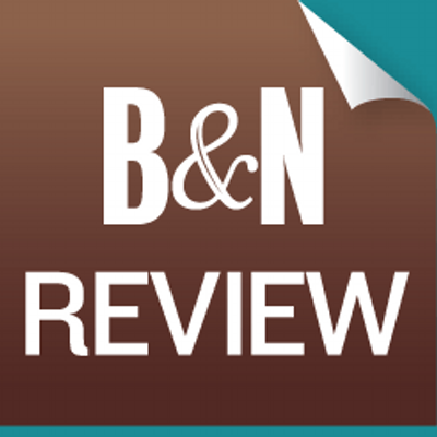Logo for the Barnes and Noble Review. The logo is a brown background with the phrase “B&N R REVIEW" typed in white font. The top right corner of the logo depicts the edge curling, like the page of a book.