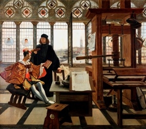Painting “Jean Grolier in the House of Aldus Mantius,” by François Flameng. The painting depicts Jean Grolier, Treasurer-General of France and a famous bibliophile, seated, talking with Aldus Mantius, standing, in Mantius’ studio. In the background, light pours through ornate windows. In the foreground, the two men talk – Grolier seated, Mantius standing – next to Mantius’ printing equipment.
