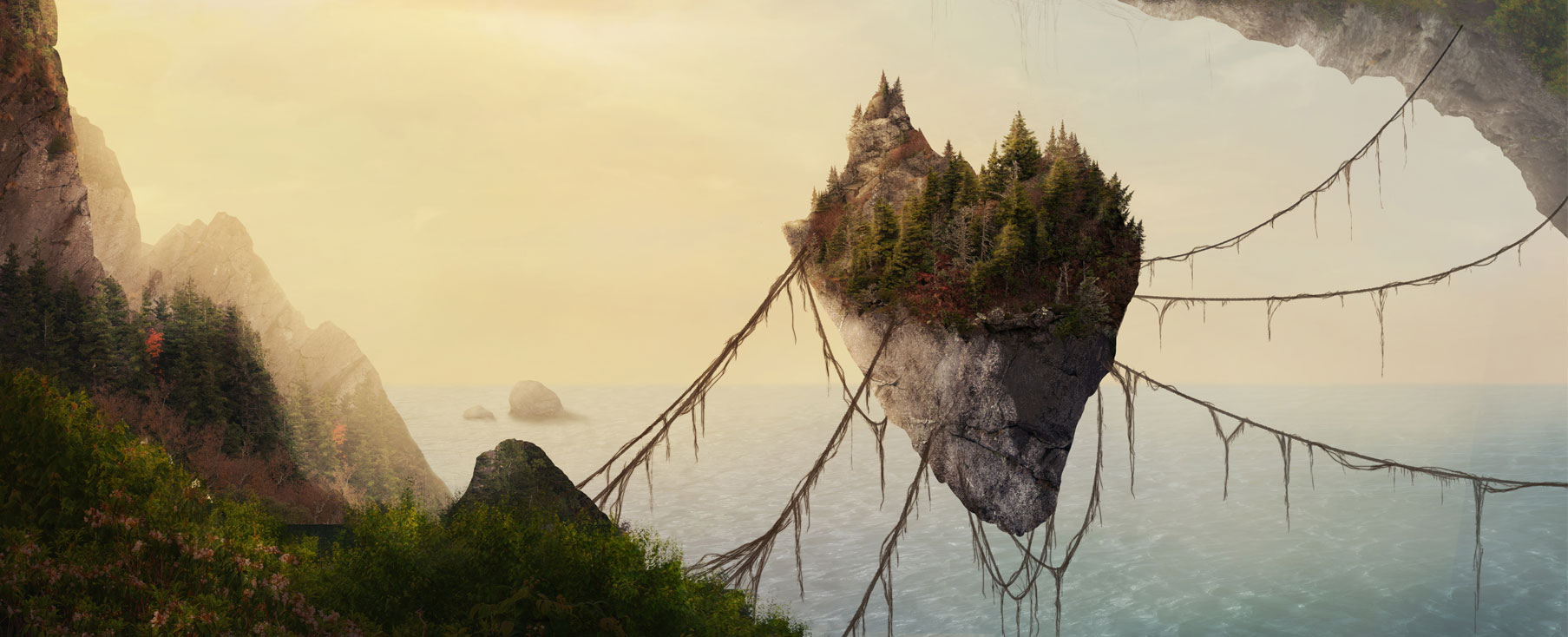 Overlooking an ocean, a fictional piece of land resembling an island appears to be levitating. Long, ropy vines connect the floating island to other pieces of the mainland. On the floating island, we see a small mountain, a forest, and rocky terrain below.
