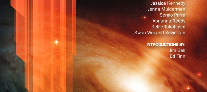 Cover of the "Journeys through Time and Space" anthology, featuring a black hole rendered in shades of orange and blue.