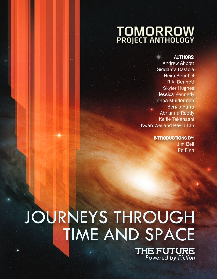 Cover of the "Journeys through Time and Space" anthology, featuring a black hole rendered in shades of orange and blue.