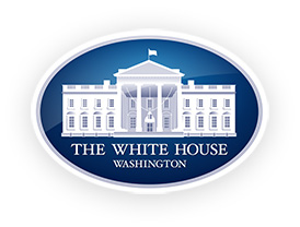 Illustrated logo of the White House, against a blue background, with "The White House, Washington" written under it.