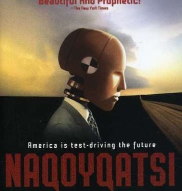 Poster for the film Naqoyqatsi, featuring an image of a crash-test dummy in profile, wearing a suit and tie.