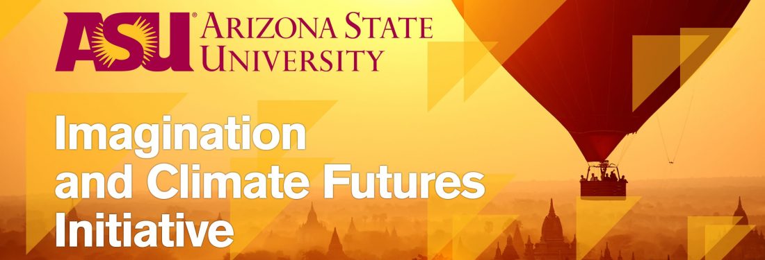 The logo for ASU's Imagination and Climate Futures Initiative, depicting a hot air balloon floating against a golden background.