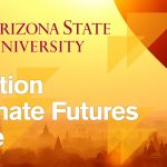 The logo for ASU's Imagination and Climate Futures Initiative, depicting a hot air balloon floating against a golden background.