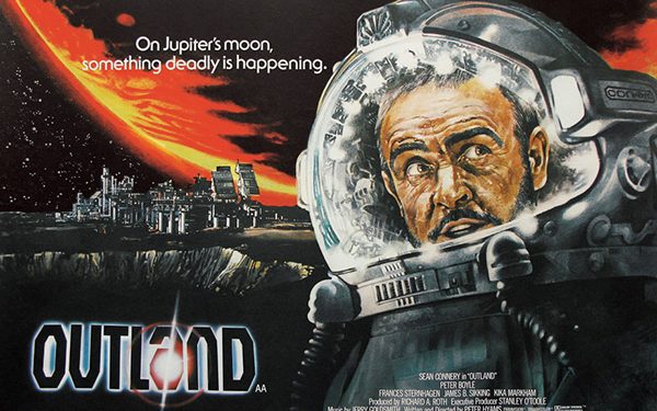 Poster for the film Outland, featuring Sean Connery in a spacesuit and a futuristic city in the background.