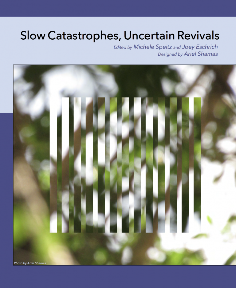 Cover for Slow Catastrophes, Uncertain Revivals. Edited by Michele Speitz and Joey Eschrich Designed by Ariel Shamas. Blurred photo for tree branches.