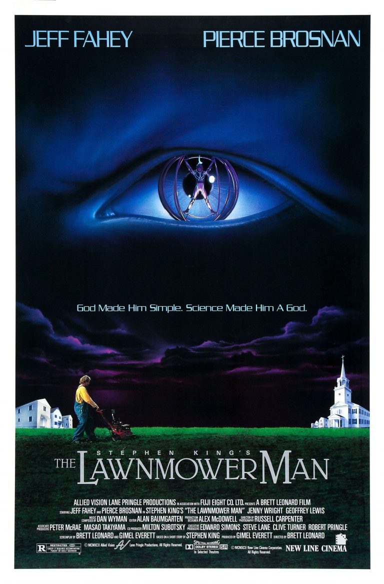 Poster for The Lawnmower Man, depicting a man pushing a lawnmower in the foreground, and a man suspended in a cybernetic brace inside of a huge eyeball floating in the sky.