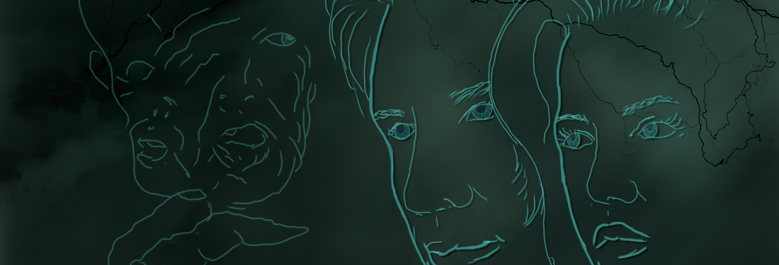 contour sketch of two faces and a most monster face. On a dark green background with lightening in the back ground