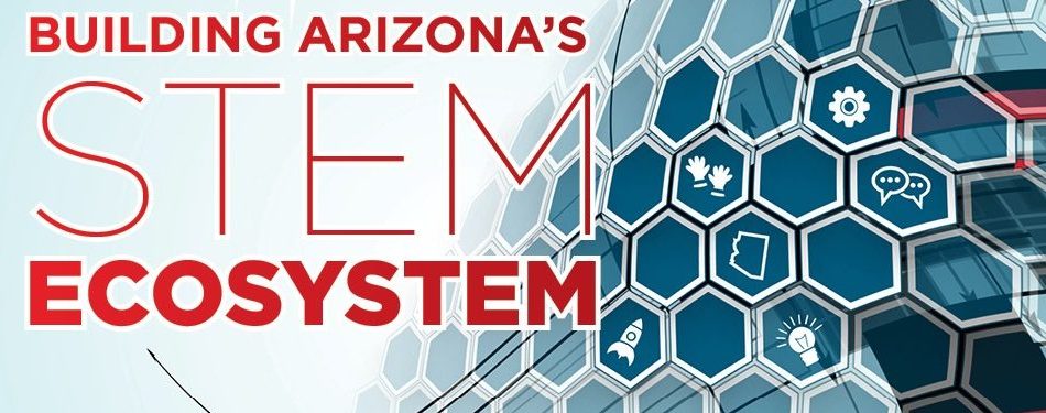 Photo of hexagons fading to the left. with type that reads "Building Arizonas Stem Ecosystem"