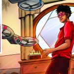 Comic book style drawing with a man with black hair, pink glasses, red shirt and red paints stands in his bedroom with drones flying around him. With a digital clock on a dresser that reads 8:15