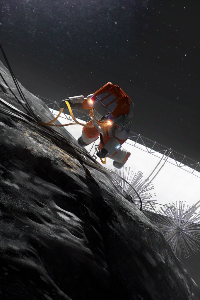 Illustration for Ramez Naam's story "The Use of Things," showing an astronaut grappling on the surface of an asteroid, along with several small mining robots.