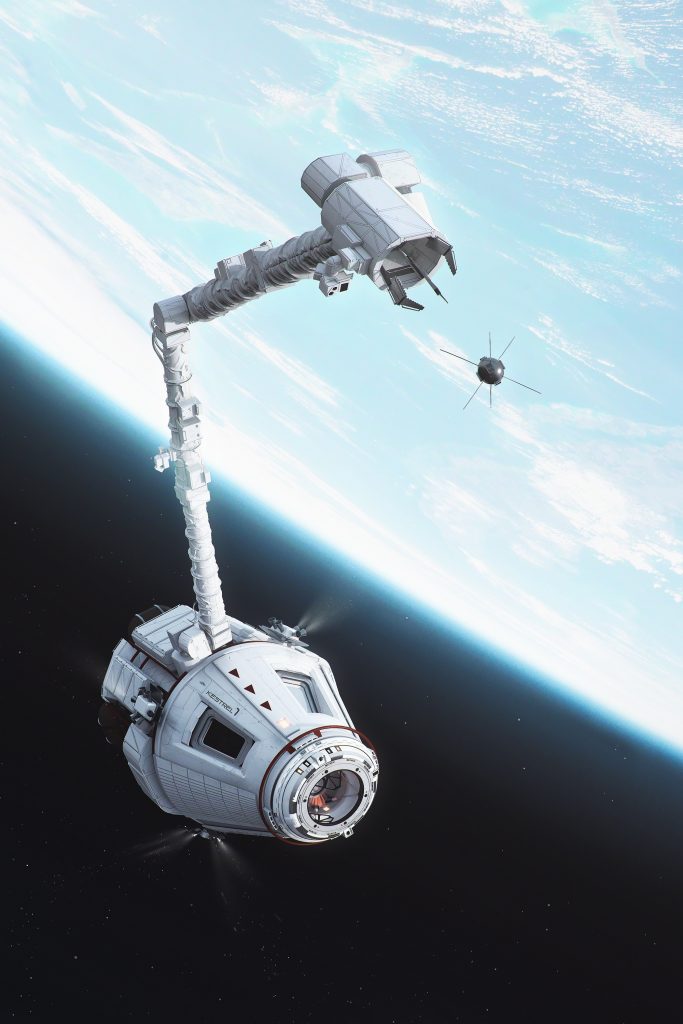 Illustration for Carter Scholz's story "Vanguard 2.0." A spacecraft with a mechanical arm protruding from it, capturing a the tiny Vanguard orbiter.