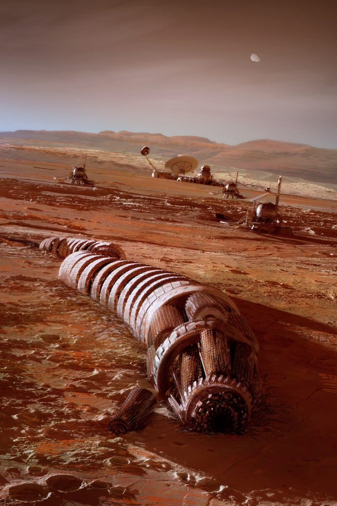 Illustration for Madeline Ashby's story "Death on Mars," showing a giant drill on the Martian surface.
