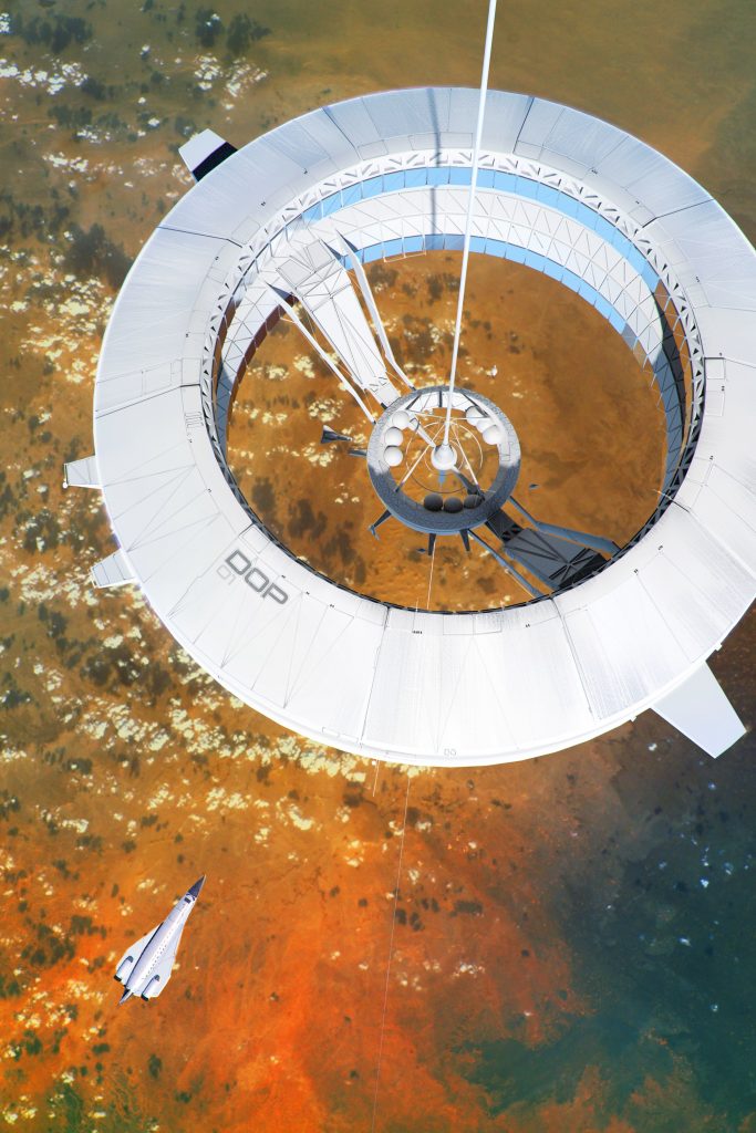 Illustration for Steven Barnes's story "Mozart on the Kalahari," showing a spacecraft docking at the circular Disney Orbital Platform.