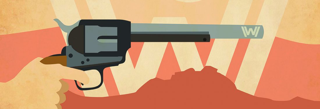A hand holds a revolver in front of the Westworld logo embedded in a mountain range.