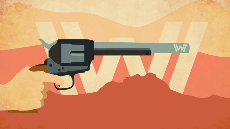 A hand holds a revolver in front of the Westworld logo embedded in a mountain range.