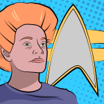 Pop Art-style image of a character from the Star Trek: Deep Space Nine episode Sanctuary, featuring a woman in profile and a Starfleet insignia.