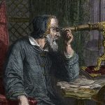 Painting of Galileo, seated at a table in a high-backed red chair, peering through a gilded telescope out of the window.