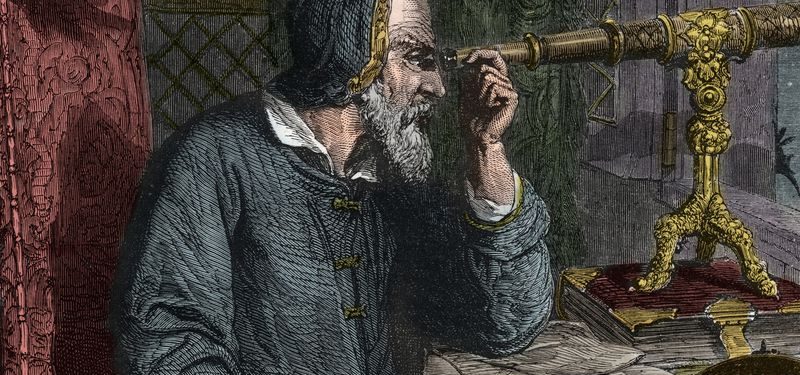 Painting of Galileo, seated at a table in a high-backed red chair, peering through a gilded telescope out of the window.