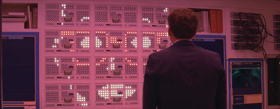 Character looks at an interface of AI