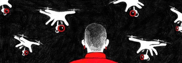 Illustration from Lee Konstantinou's short story "Burned-Over Territory," showing a person with a shaved head and an earring seated, facing away, against a black background, with camera drones hovering around their head.