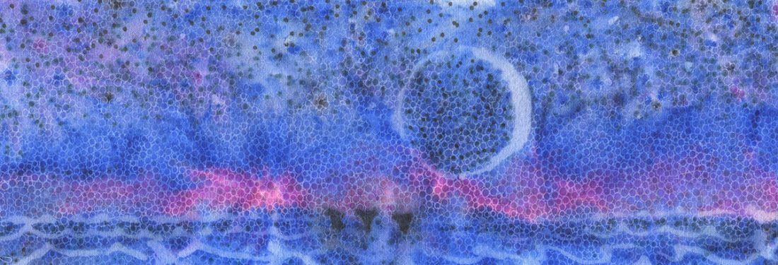Fabric resist and dye piece depicting the moon over the ocean.