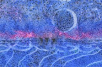 Fabric resist and dye piece depicting the moon over the ocean.