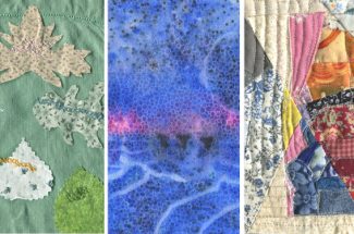 Five separate works by Nina Miller for the Us In Flux series. From left to right; a quilt sewn with black thread, embroidered leaves, fabric resist and dye piece, a second quilt sewn with white thread, a woman embroidered with thread