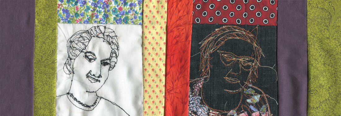 Two portraits embroidered on a quilt. The portrait on the left is stitched with black thread on white linen and the portrait on the right is stitched with various colored thread on a dark denim patch.