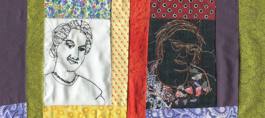 Two portraits embroidered on a quilt. The portrait on the left is stitched with black thread on white linen and the portrait on the right is stitched with various colored thread on a dark denim patch.