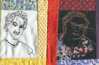 Two portraits embroidered on a quilt. The portrait on the left is stitched with black thread on white linen and the portrait on the right is stitched with various colored thread on a dark denim patch.