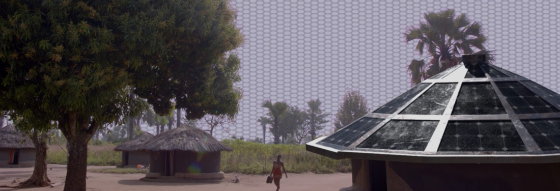 A village scene with a young woman walking in the distance, including a large tree and a large hut with a solar-paneled roof. In the background, the sky is webbed over, like a dome is built around the entire village.