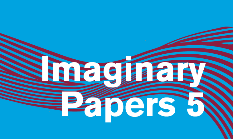 A Blue rectangle with wavy maroon lines with the text "Imaginary Papers 5" in bold white text