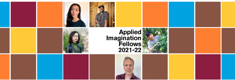 A grid of colorful squares that include the images of five people and the text "Applied Imagination Fellows 2021-22"