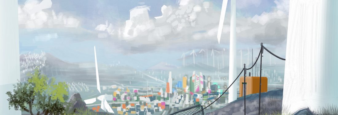 A landscape illustration of mountains with many wind turbines on them, with a colorful city scene in the distance.