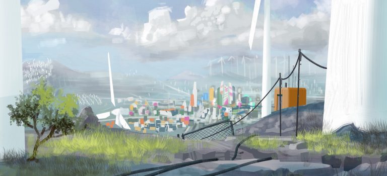 A landscape illustration of mountains with many wind turbines on them, with a colorful city scene in the distance.