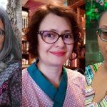 Headshots of Climate Imagination Fellows Vandana Singh, Libia Brenda, and Hannah Onoguwe.