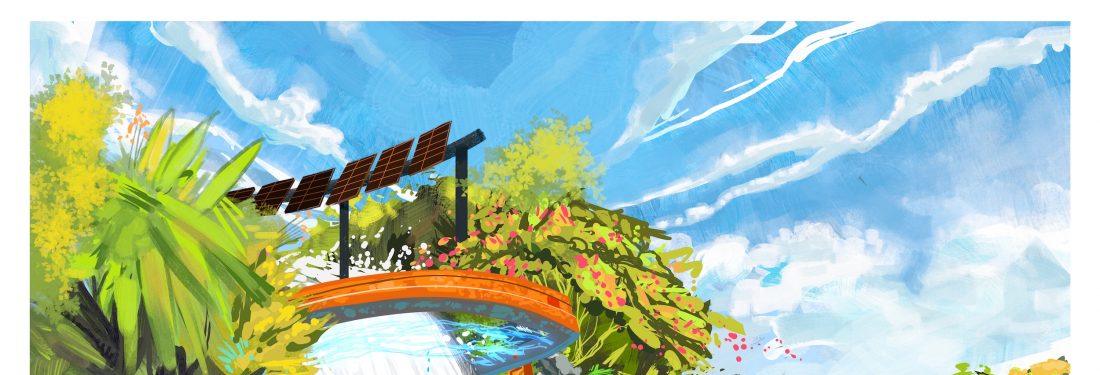 Illustration of a waterfall in a verdant forest, against a vibrant blue sky. The waterfall has a solar installation on top of it, and is caged by an orange structure of rings.