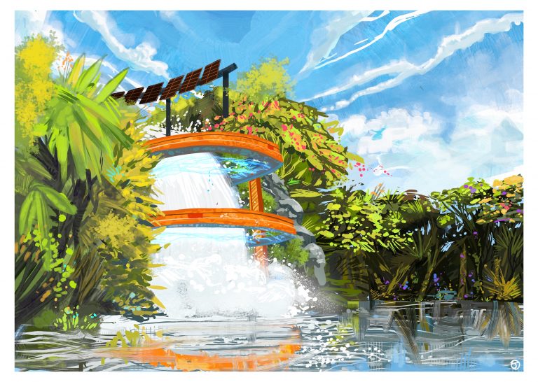 Illustration of a waterfall in a verdant forest, against a vibrant blue sky. The waterfall has a solar installation on top of it, and is caged by an orange structure of rings.