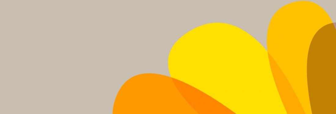 An abstract illustration featuring rounded figures in shades of yellow, orange, and red, set against a gray background.
