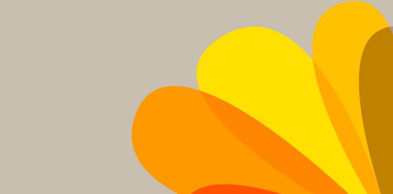 An abstract illustration featuring rounded figures in shades of yellow, orange, and red, set against a gray background.